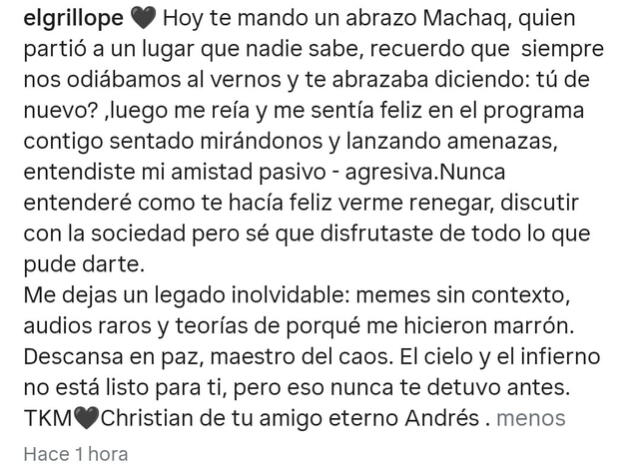 Mensaje de El Grillo donde anuncia el fallecimiento de Machaq. Foto: @elgrillope / Instagram Mensaje de El Grillo donde anuncia el fallecimiento de Machaq. Foto: @elgrillope / Instagram