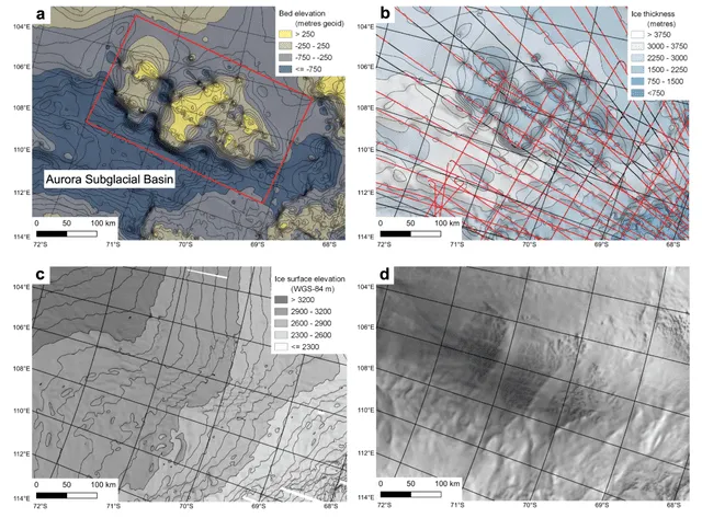 Características de las tierras altas y las depresiones subglaciales en la Antártida. Foto: Nature Características de las tierras altas y las depresiones subglaciales en la Antártida. Foto: Nature