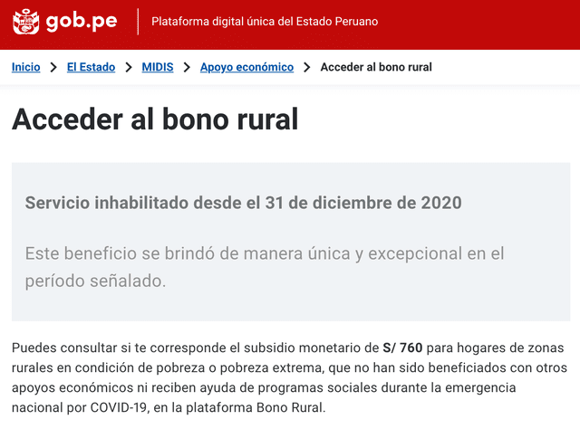 Información sobre el Bono Rural en el portal web del Midis. Foto: captura LR/Facebook.