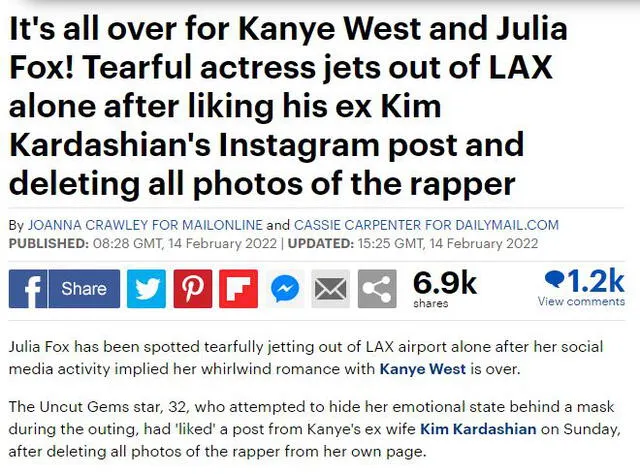 Portada de Daily Mail sobre Kanye West y Julia Fox. Foto: Daily Mail