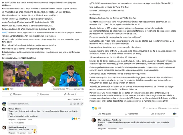 Publicaciones compartidas de forma viral en Facebook donde se sugiere que habría habido un aumento de muertes por problemas cardíacos de futbolistas debido a la vacuna contra la COVID-19. Fuente: Captura LR, Facebook.