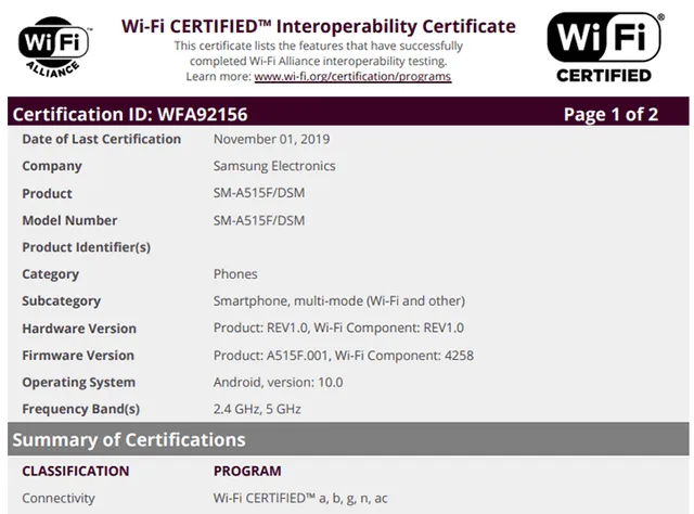 Certificación de la Wi-Fi Alliance para el Galaxy A51.| Foto: Wi-Fi Alliance.