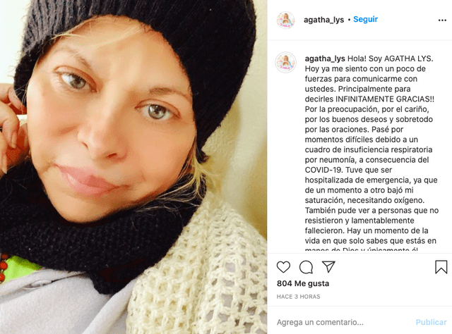 Agatha Lys confirma en Instagram que superó el coronavirus