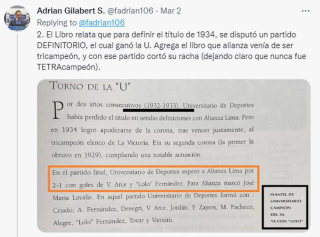 Publicación del abogado de Universitario, Adrián Gilabert, sobre tpitulo de 1934. Foto: captura Twitter