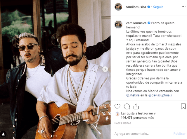 Camilo muestra su emoción en Instagram por su participación en la final de la Copa Davis