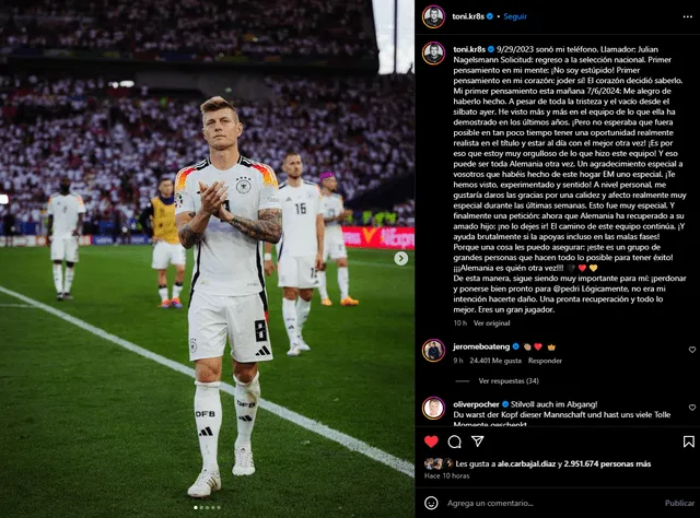  Este fue el mensaje de despedida que dejó Kroos en sus redes sociales tras la eliminación de Alemania. Foto: captura    