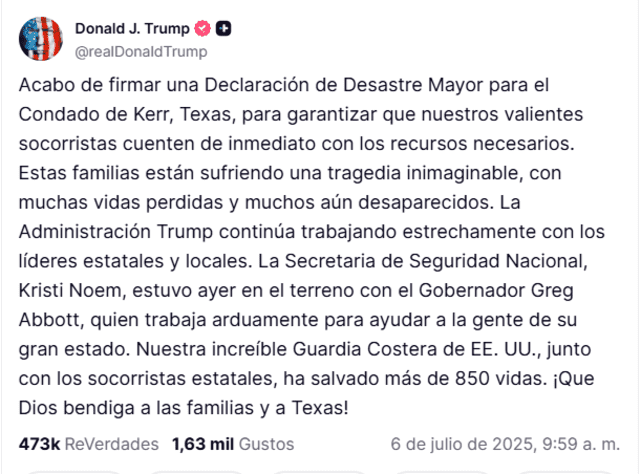  Donald Trump se pronuncia sobre las inundaciones en Texas. Fuente: Truth Social.   