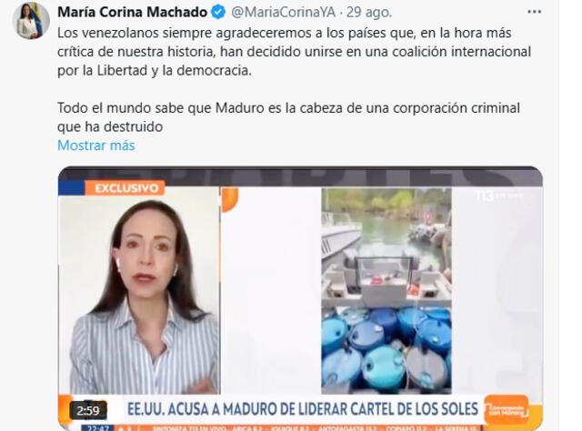 María Corina Machado afirmó que Maduro es la cabeza del 'Cartel de los soles'. Foto: X