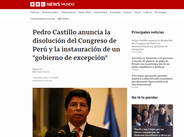 Así informó la prensa internacional sobre la disolución del Congreso en Perú. Foto: captura BBC News Mundo