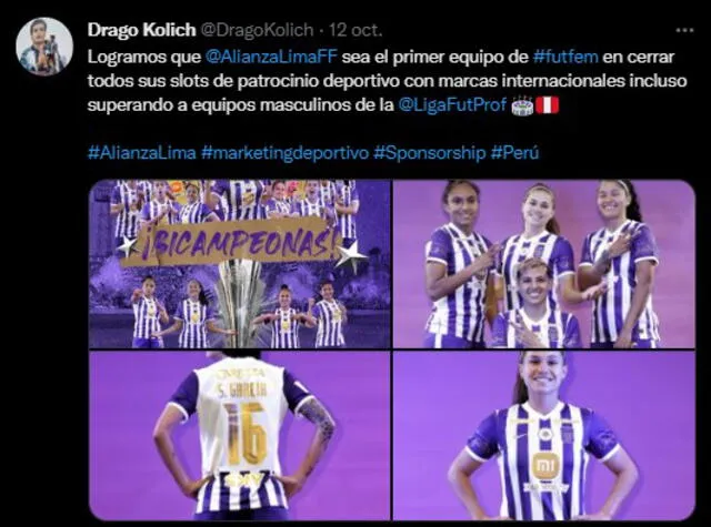 Publicación de Drago Kolich, encargado comercial de Alianza Lima. Foto: captura de Twitter