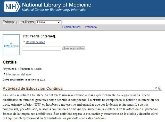 Informe sobre la cistitis. Foto: captura en web en NCBI.