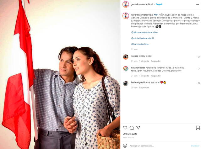 Gerardo Zamora y Adriana Quevedo fueron parte de la teleserie Viento y arena, la historia de Villa el Salvador. Foto: Gerardo Zamora / Instagram