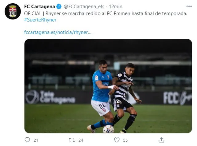 Rhyner fue expulsado en su último partido con el Cartagena. Foto: FC Cartagena/Twitter