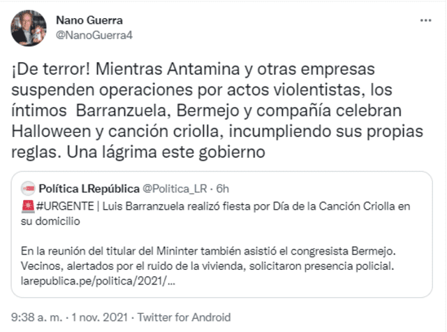 Parlamentario y vocero de Fuerza Popular da su opinión sobre Luis Barranzuela a través de sus redes sociales. Foto: captura de Twitter