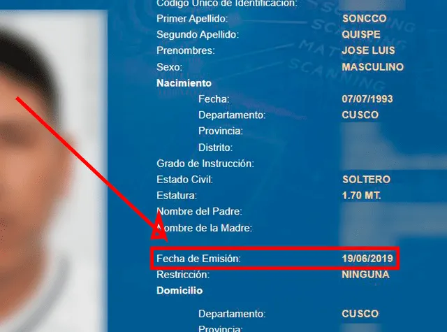 Fecha de emisión del DNI que figura en la ficha Reniec de Soncco Fecha de emisión del DNI que figura en la ficha Reniec de Soncco