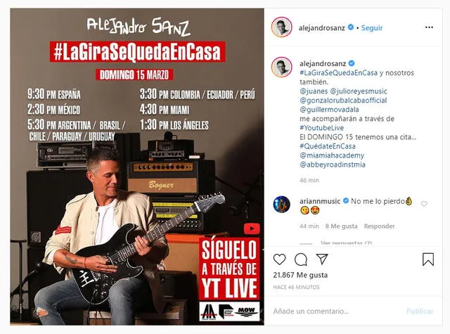 "La gira se queda en casa y nosotros también", anunció el español en Instagram.