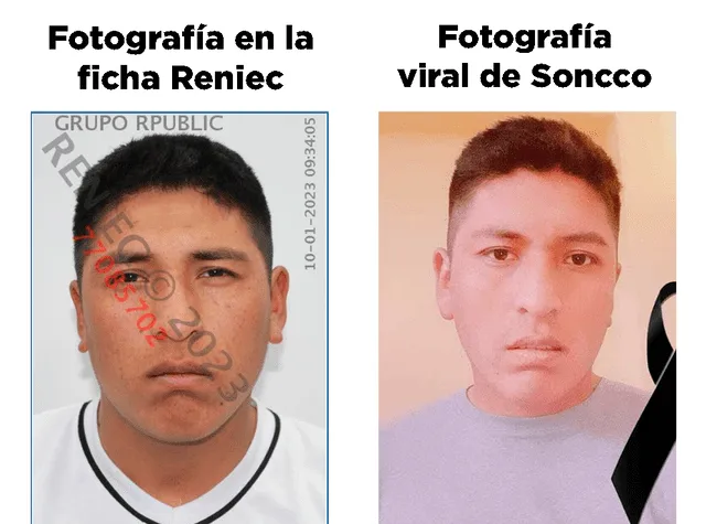 Comparación entre la imagen del DNI de José Luis Soncco y la fotografía viral de él difundida Comparación entre la imagen del DNI de José Luis Soncco y la fotografía viral de él difundida