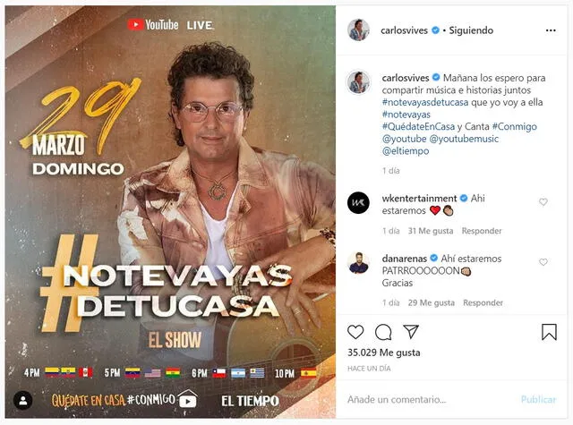 El anuncio oficial en el Instagram de Carlos Vives un día antes del concierto.
