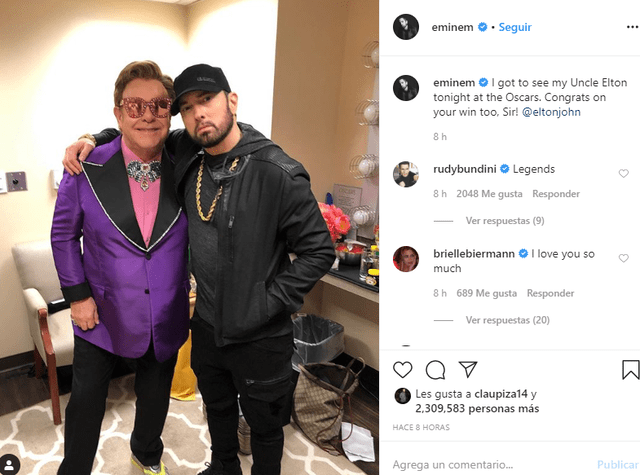 Eminem comparte una foto junto a Elton John, tras los Oscar 2020.