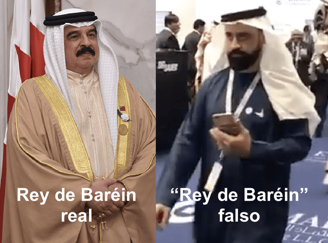 Comparación física entre el rey de Baréin verdadero y el supuesto "rey" que presenta la publicación viral. Foto: composición/Fayez Nureldine/AFP/captura de Facebook   
