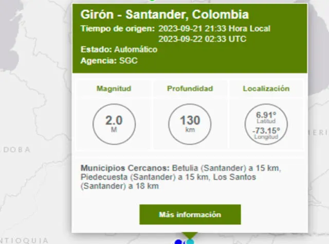 Último temblor hoy en Colombia. Foto: SGC   