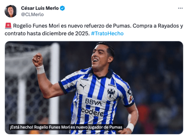 Funes Mori será jugador de Pumas hasta el 2025. Foto: captura de X   