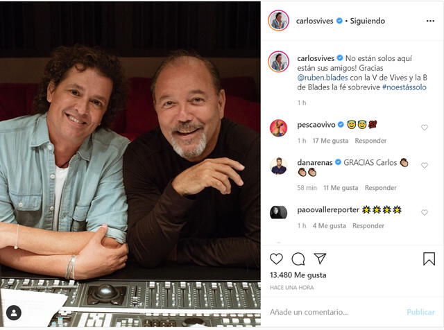 La publicación de Carlos Vives en Instagram, anunciando la colaboración con Rubén Blades.
