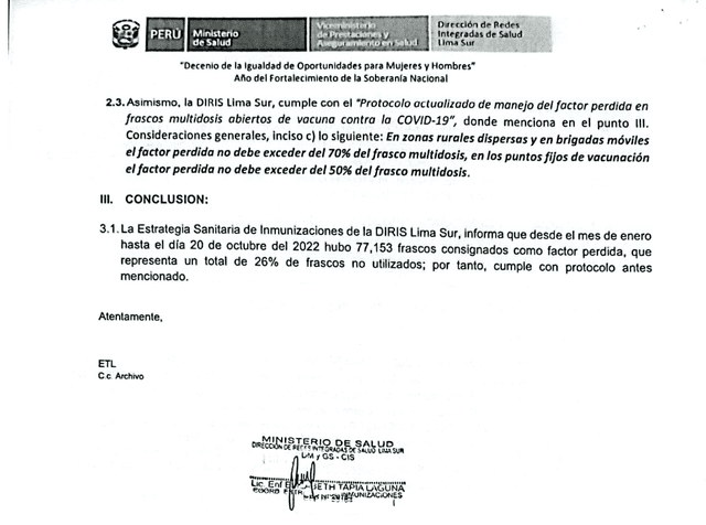 Conclusión. La Diris Lima Sur enfatizó que, pese a cientos de miles de dosis perdidas, cumplió con el protocolo conocido como "factor pérdida".