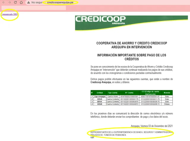 Comunicado publicado en el portal web credicooparequipa.pe el viernes 3 de diciembre del 2021. Fuente: Captura LR, Credicoop Arequipa, SBS.