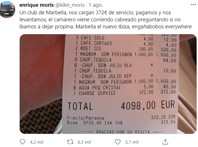 Hombre comparte su cuenta de más de 4.000€ por cenar hamburguesas en un club