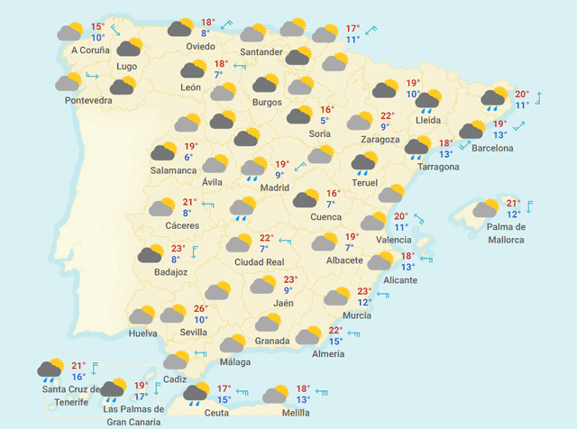 Mapa del tiempo en España hoy, jueves 23 de abril de 2020.