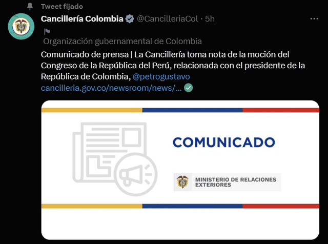  Comunicado de la Cancillería de Colombia. Foto: @CancilleriaCol/captura   