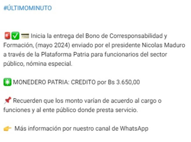 Anuncio del Bono de Corresponsabilidad de mayo 2024. Foto: Canal Patria Digital   