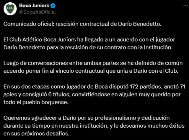  Comunicado de Boca Juniors sobre la salida de Darío Benedetto del club. Foto: Twitter/Boca Juniors   