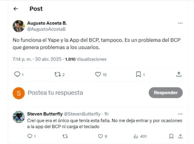 Usuarios del BCP expresan su malestar por fallas en aplicativo móvil. Foto: X Usuarios del BCP expresan su malestar por fallas en aplicativo móvil. Foto: X