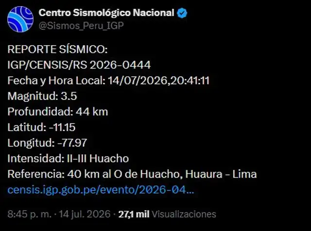 Sismo se registró la noche de este 14 de julio en Lima, según IGP Sismo se registró la noche de este 14 de julio en Lima, según IGP