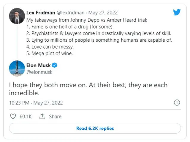 27.5.2022 | Tuit de Elon Musk sobre  Johnny Depp y Amber Heard. Foto: captura Twitter