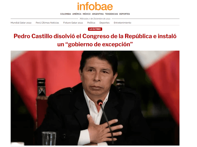 Así informó la prensa internacional sobre la disolución del Congreso en Perú. Foto: captura Infobae.