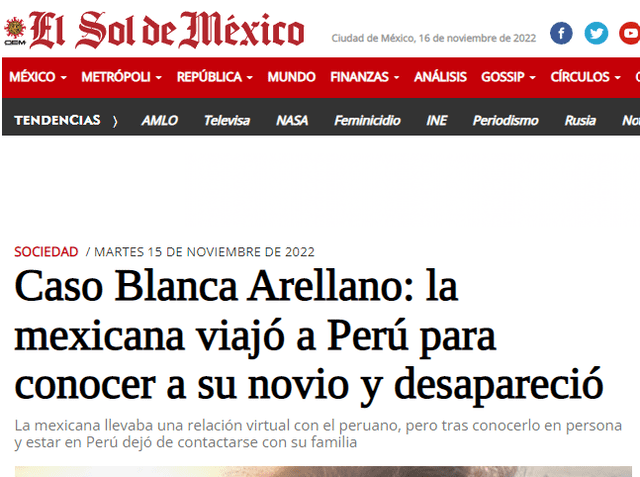 Así informa El Sol de México sobre el caso Blanca Arellano Gutiérrez.