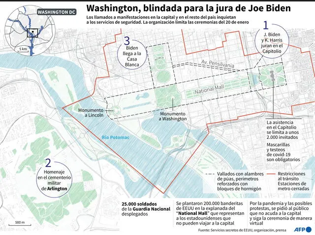 Mapa de Washington con detalles sobre las medidas de seguridad dispuestas para la jura de Joe Biden este 20 de enero. Infografía: AFP
