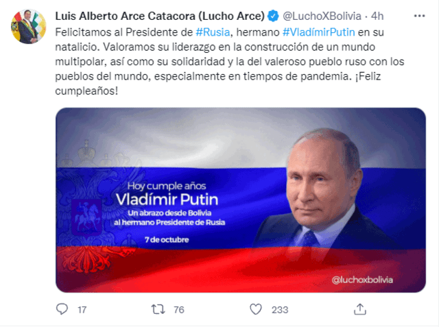 El presidente boliviano destacó el liderazgo mundial y solidaridad de Putin ante la pandemia. Foto: captura de Twitter/@LuchoXBolivia