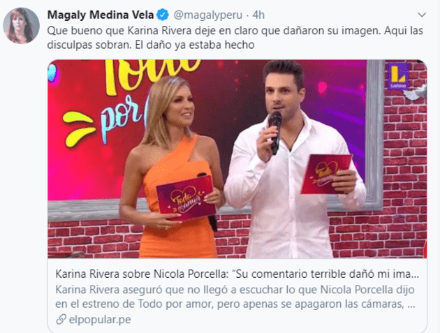 Magaly Medina felicita a Karina Rivera por reconocer que Nicola Porcella dañó su imagen. Foto: Captura Twitter.