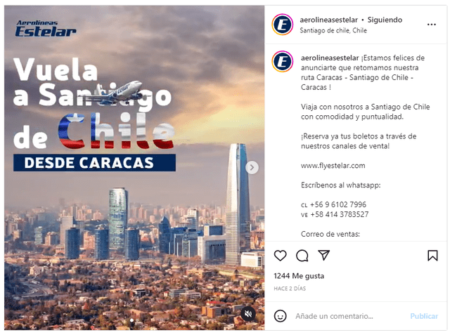  “Estamos felices de anunciarte que retomamos nuestra ruta Caracas-Chile”, se lee en Instagram. Foto: @aerolineasestelar / Instagram    