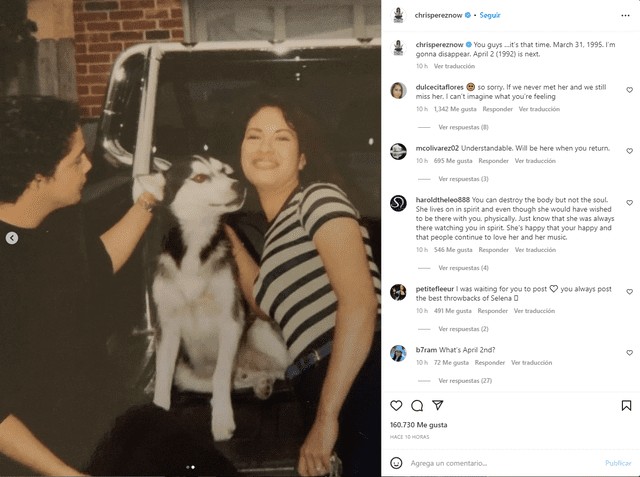 Chris Pérez y Selena Quintanilla con su perro husky siberiano. Foto: Chris Pérez/Instagram    