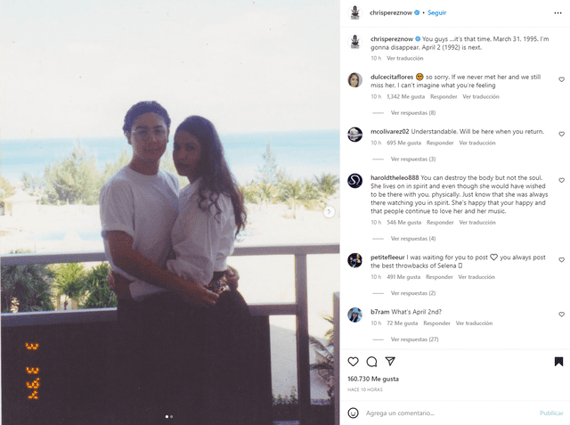 Chris Pérez y Selena Quintanilla en una foto que data del 3 de marzo de 1994. Foto: Chris Pérez/Instagram    