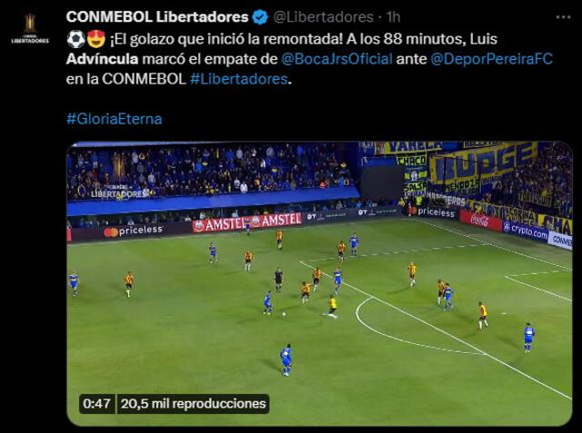Tuit de la Conmebol por el gol del defensor de la 'Bicolor'. Foto: captura de Twitter @Libertadores   