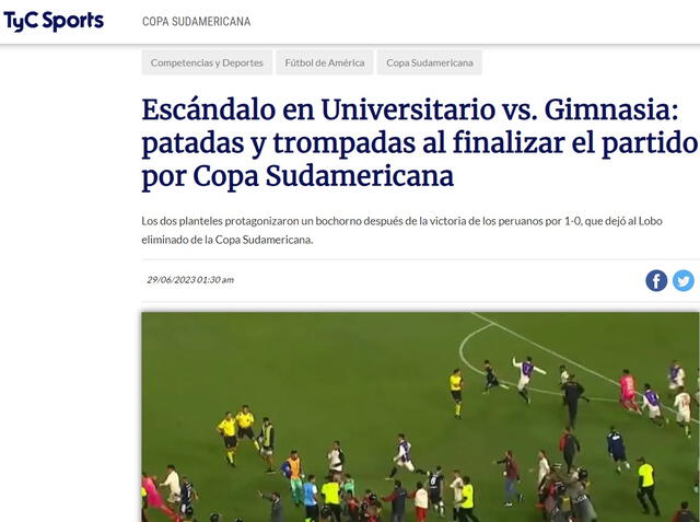  TyC Sports lamento el "bochorno" entre jugadores de Universitario y Gimnasia. Foto: captura de pantalla   