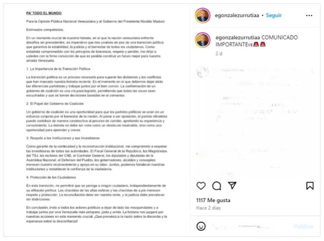 <em> Desinformación sobre Edmundo González. Foto: captura de Instagram</em>   