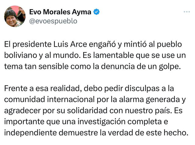  Evo Morales acusa a Luis Arce de engañar al país boliviano. Foto: @evoespueblo/X<br>    