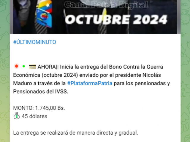 El pago del Bono de Guerra es anunciado cada mes por el Gobierno venezolano. Foto: Canal Patria Digital/ Telegram